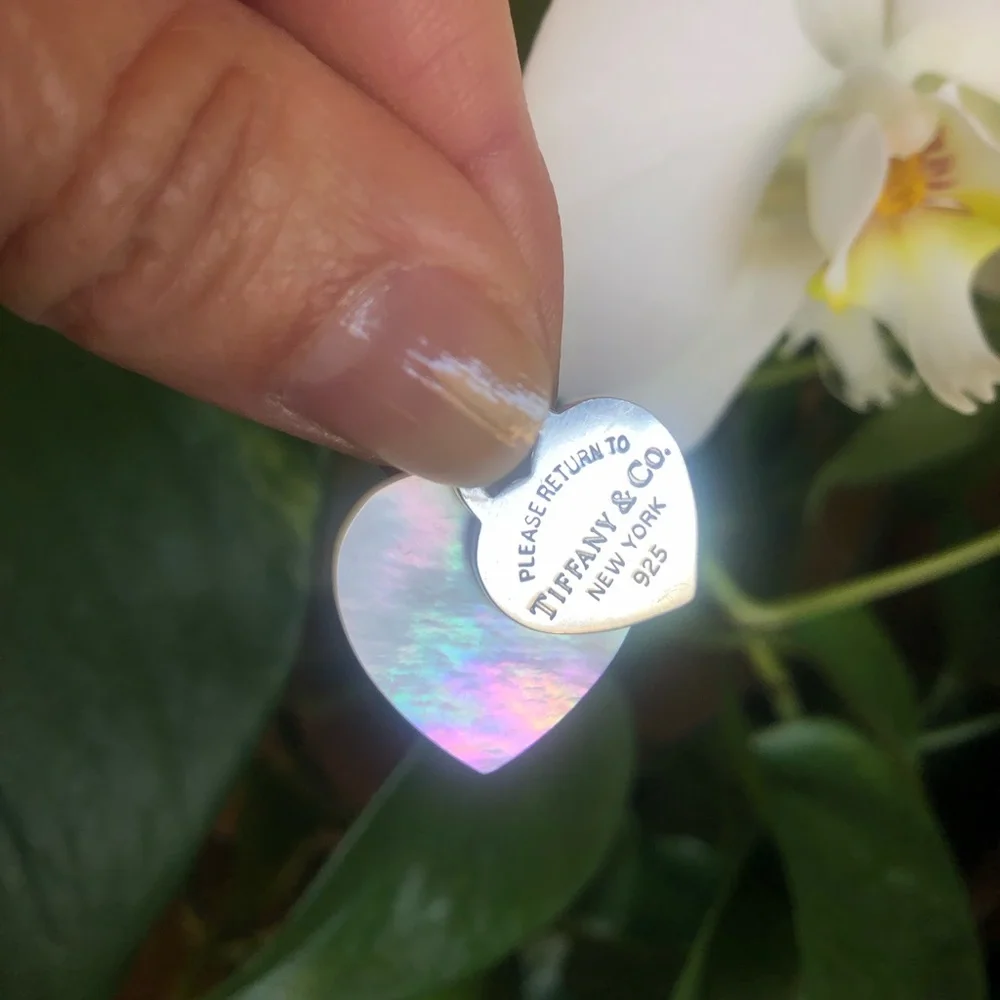 Tiffany & Co. Double Heart Tag 925 Sterling & Mother of Pearl Necklace - Picture 1 of 9
